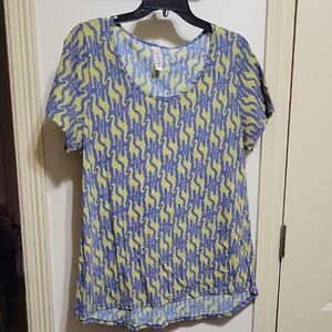 LuLaRoe Short Sleeve Top with Blue and Yellow Pattern